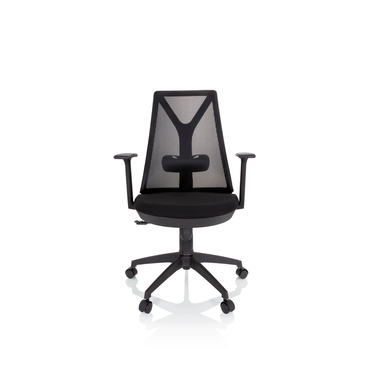 Schwarzer Homeoffice-Bürostuhl FALUN BASIC mit Netzrücken und Fußkreuz mit fünf Rollen von hjh OFFICE – 360-Grad-Ansicht (Frontansicht 0°)