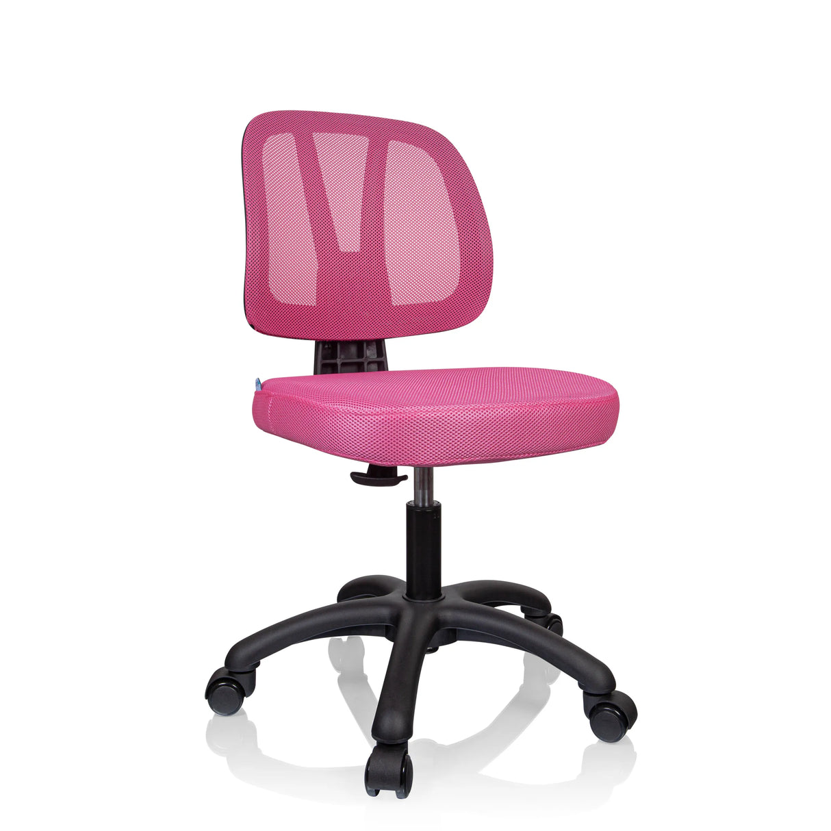 Rosa Kinderdrehstuhl KID YU 200 mit Netzrücken und schwarzem Fußkreuz mit fünf Rollen von hjh OFFICE – 360-Grad-Ansicht (schräge Frontansicht 30°)