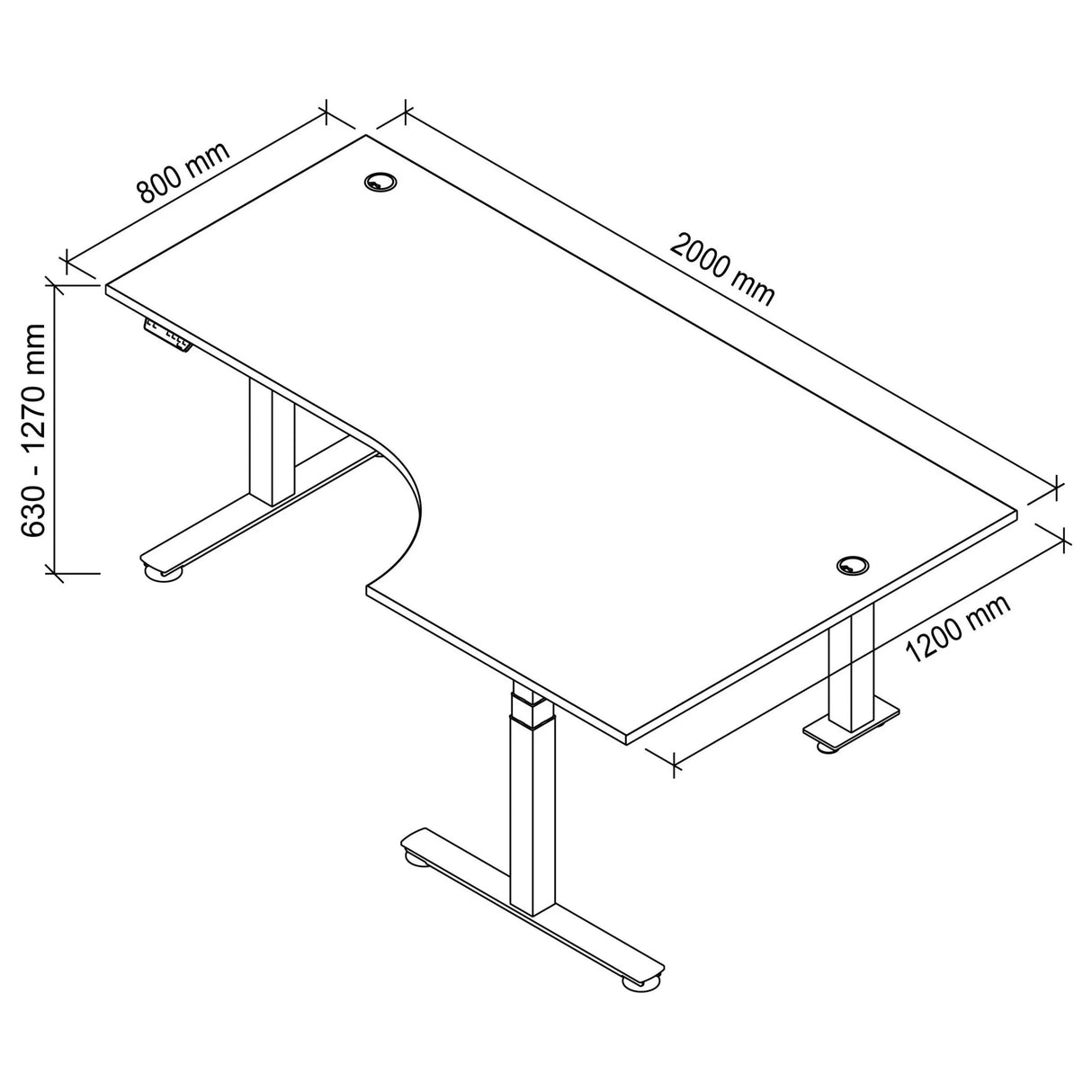 Technische Zeichnung des Schreibtischs XDSM 82 S mit 2000 × 1200 mm von hjh OFFICE PRO