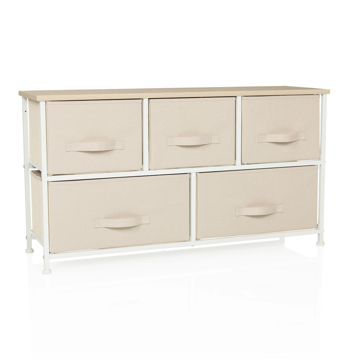 Beige Kommode FOLDAR mit fünf Stoffschubladen und weißem Gestell von hjh LIVING – 360-Grad-Ansicht (Frontansicht 15°)