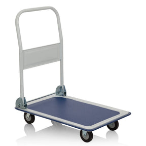 Blau-weißer Plattformwagen CARRY mit klappbarem Griff und vier Lenkrollen von hjh OFFICE