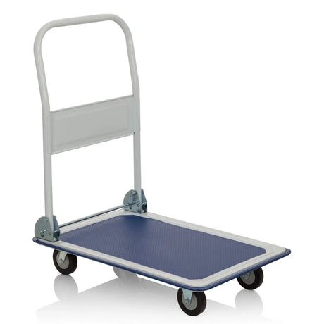 Blau-weißer Plattformwagen CARRY mit klappbarem Griff und vier Lenkrollen von hjh OFFICE