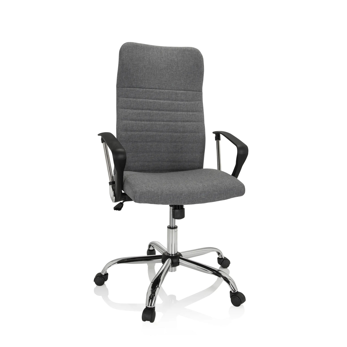 Grauer Homeoffice-Bürostuhl ARTON 40 mit Armlehnen und glänzendem Fußkreuz mit fünf Rollen von hjh OFFICE – 360-Grad-Ansicht (Frontansicht 20°)