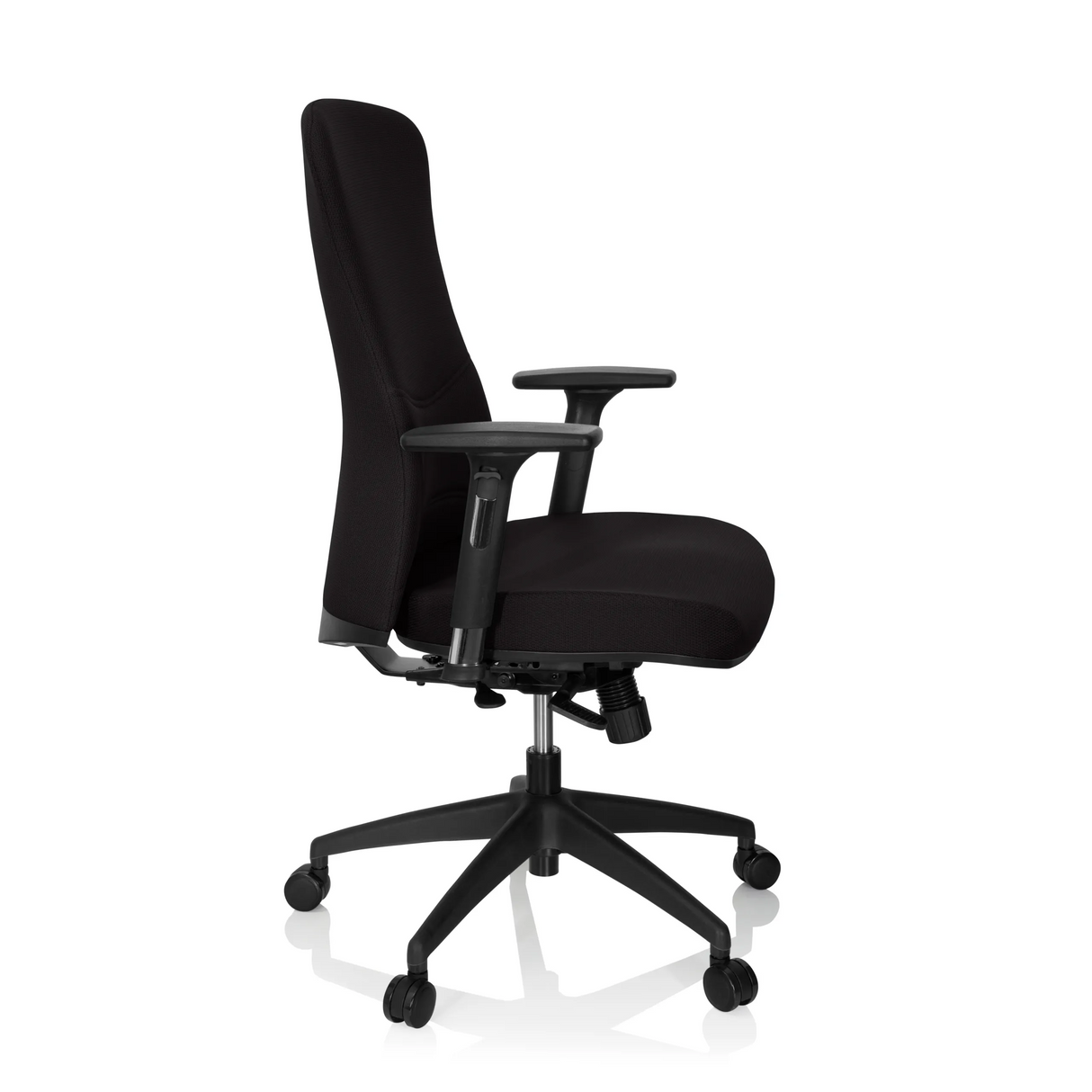 Schwarzer Profi-Bürostuhl OFFICE XT PRO mit Armlehnen und Fußkreuz mit fünf Rollen von hjh OFFICE – 360-Grad-Ansicht (Seitenprofil 80°)