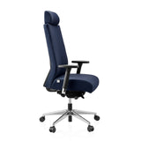 Blauer Profi-Bürostuhl PRO-TEC XXL mit Kopfstütze und Fußkreuz mit fünf Rollen von hjh OFFICE – 360-Grad-Ansicht (Seitenprofil 75°)