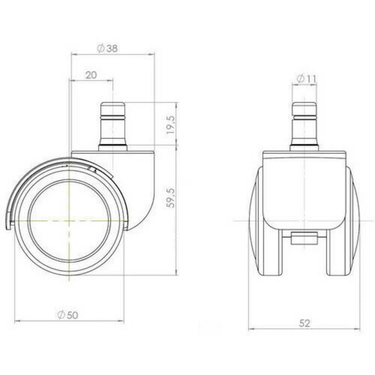 Technische Zeichnung der Stuhlrolle 5x ROLO 11mm/50mm mit einem Rollendurchmesser von 50 mm von hjh OFFICE