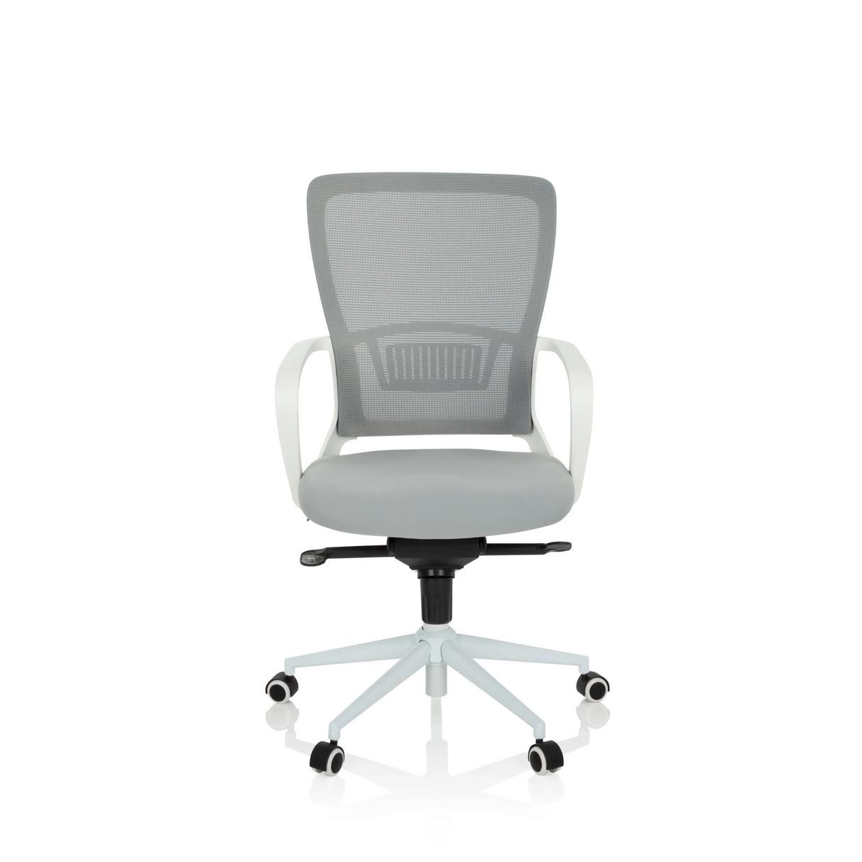 Grauer Homeoffice-Bürostuhl ESTRIA mit Netzrücken und Fußkreuz mit fünf Rollen von hjh OFFICE – 360-Grad-Ansicht (Frontansicht 0°)