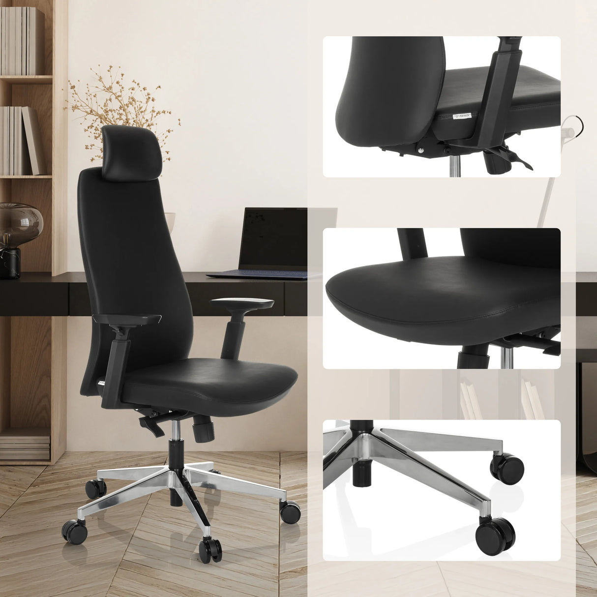 Profi-Chefsessel YUCANO I in Schwarz mit Detailansichten von Sitzfläche, Mechanik und Fußkreuz von hjh OFFICE