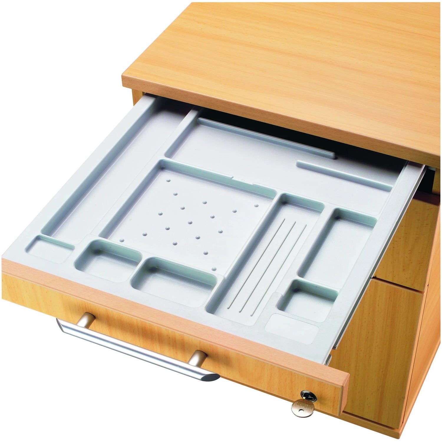 Geöffnete Schublade mit grauem Ordnungseinsatz des System Rollcontainers SIGNA TC20 von hjh OFFICE PRO
