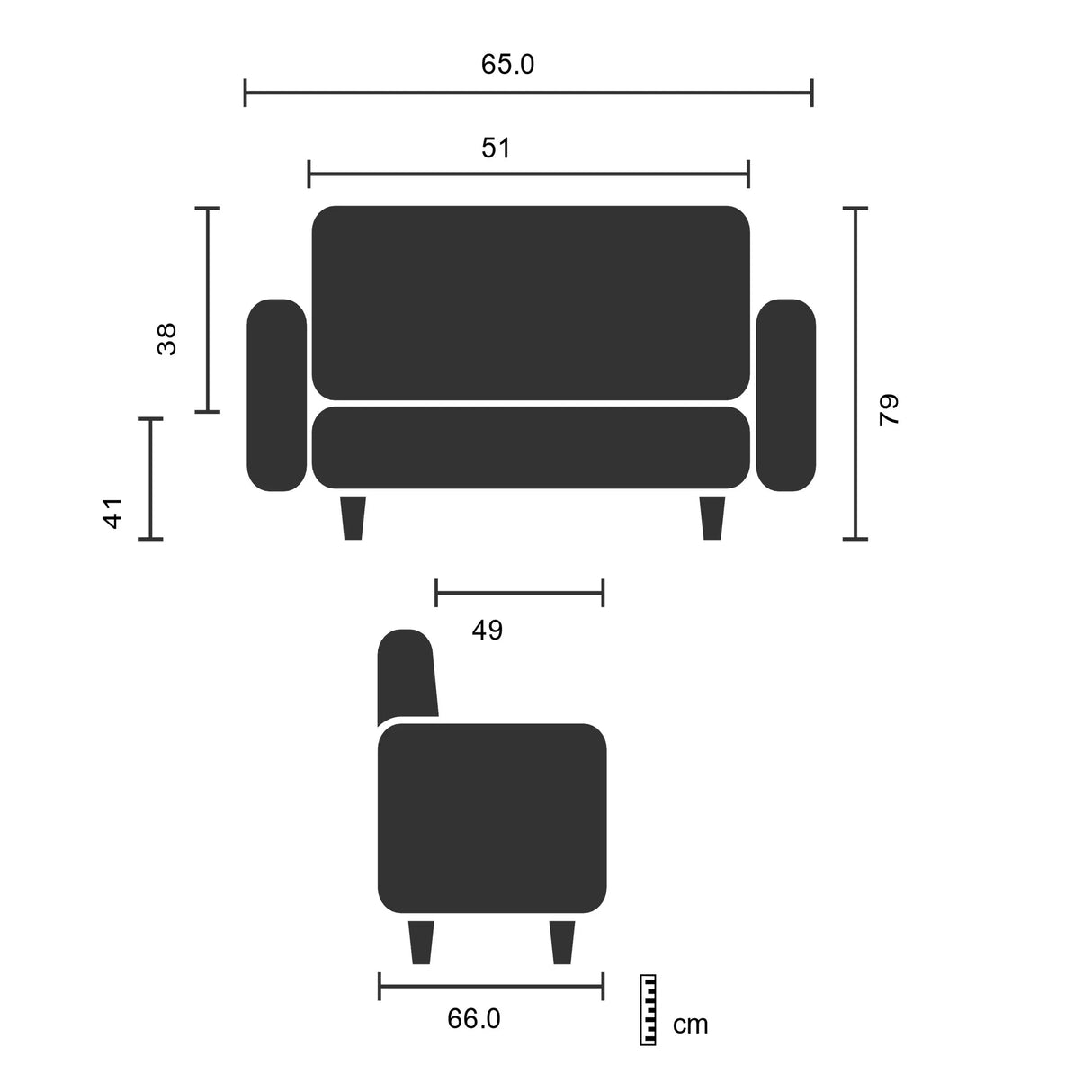 Technische Zeichnung des Polstersessels SAN JUAN mit einer Breite von 65 cm und Höhe von 79 cm von hjh OFFICE