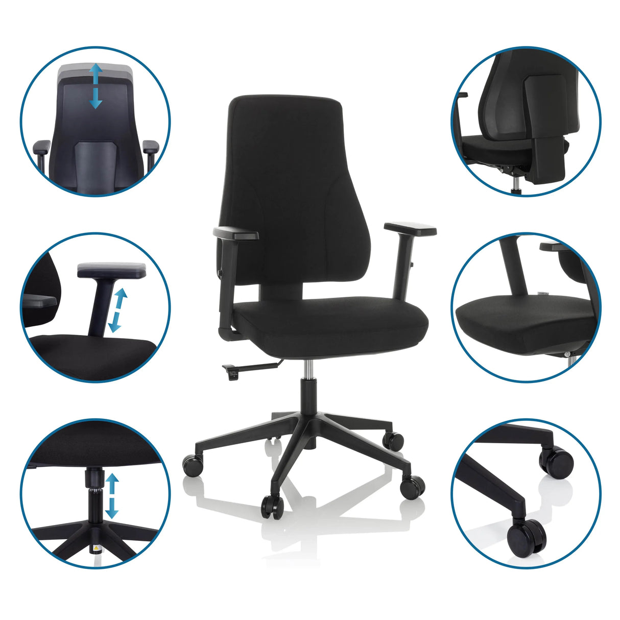 Verstellbare Funktionen des Profi-Bürostuhls MATHES in Schwarz von hjh OFFICE