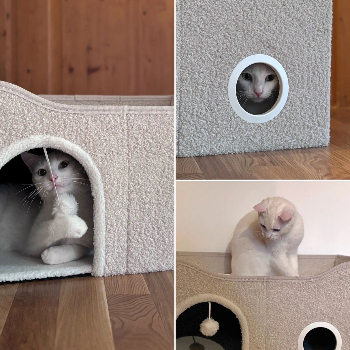 Beige Katzenhöhle PAWY EB mit einem runden Eingang, einem Spielball und einer weißen Katze von hjh LIVING