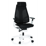 Schwarzer High-End-Bürostuhl GENIDIA PRO WHITE mit Netzrücken und weißem Fußkreuz mit fünf Rollen von hjh OFFICE – 360-Grad-Ansicht (Frontansicht 20°)
