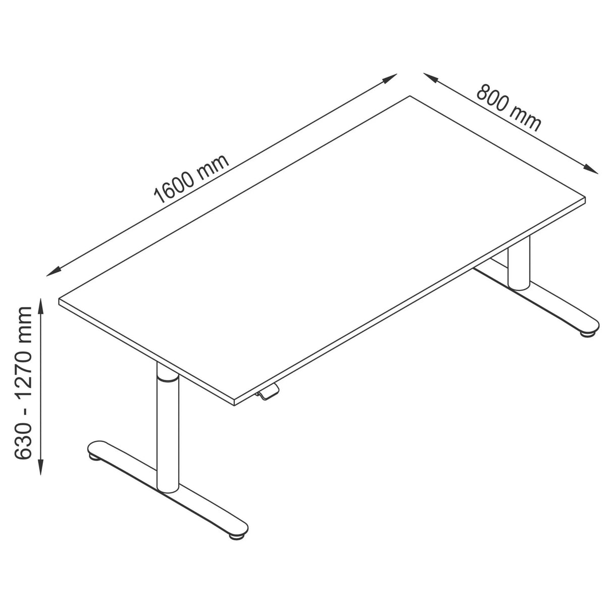 Technische Zeichnung des Schreibtischs XDLR 16 W mit 1600 × 800 mm von hjh OFFICE PRO