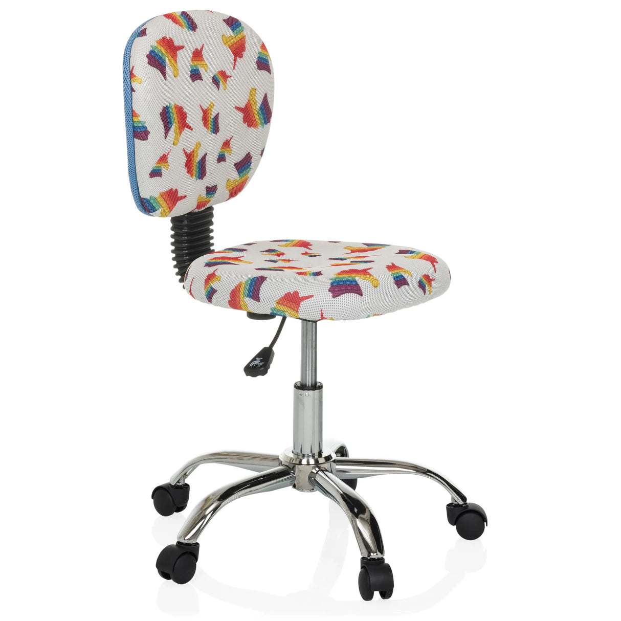 Kinderdrehstuhl KID BUBBLE mit buntem Regenbogen-Motiv und Fußkreuz mit fünf Rollen von hjh OFFICE – 360-Grad-Ansicht (schräge Frontansicht 60°)