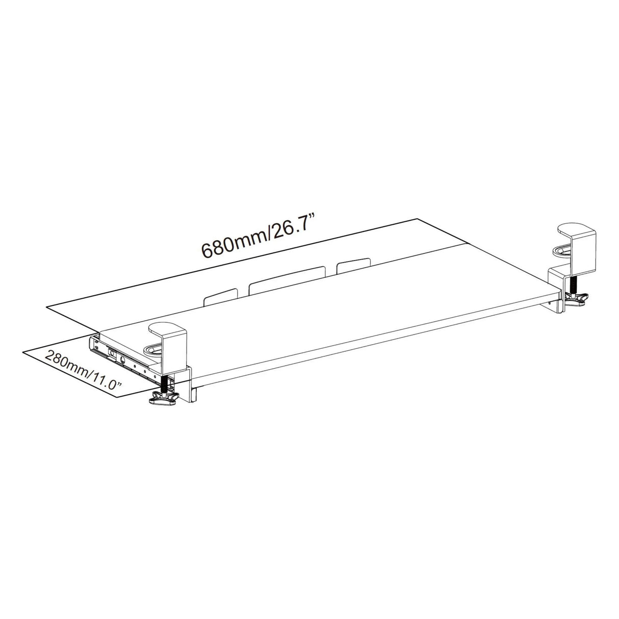 Technische Zeichnung der Tastaturablage VM-KB mit 680 × 280 mm von hjh OFFICE