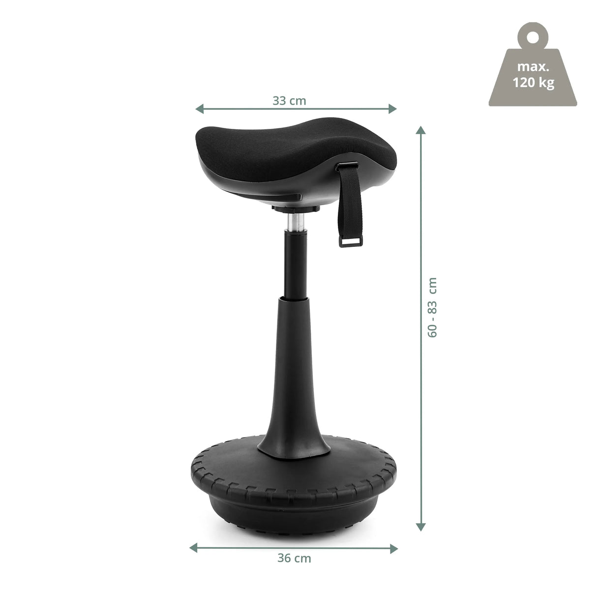 Maßzeichnung der Stehhilfe Balance Sit Ergo mit einer Höhe von 60–83 cm von hjh OFFICE