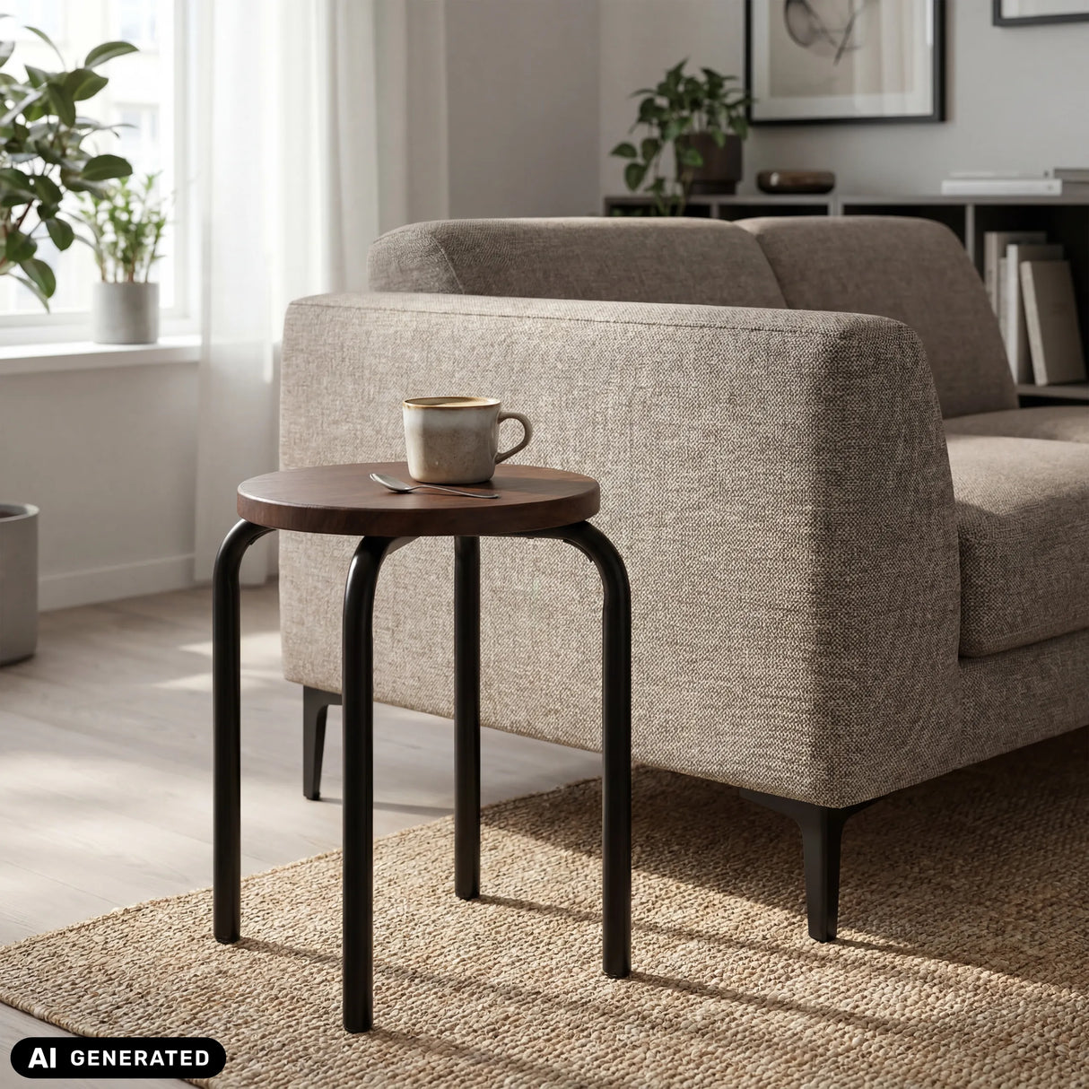 Sitzhocker ALRANDA in Schwarz und Walnuss mit einer Tasse auf der Oberfläche von hjh LIVING