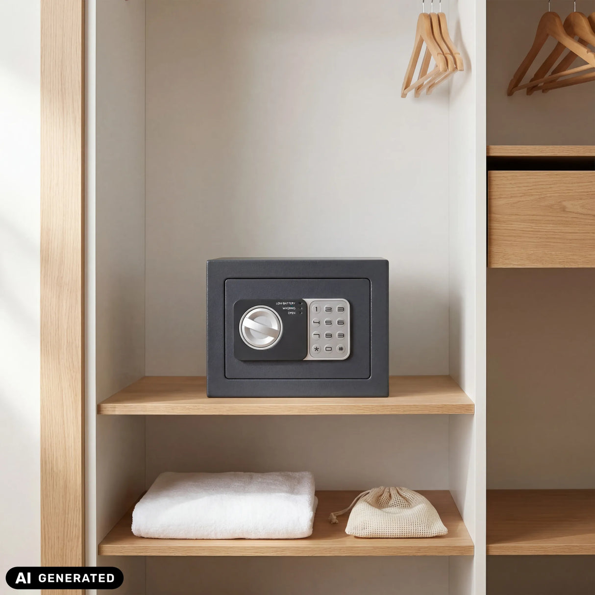 Tresor Safe Compact Mini in Anthrazit mit Zahlencode-Schloss auf einem Holzregal von hjh OFFICE (KI-generiertes Bild)