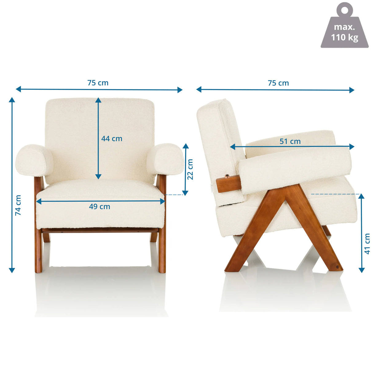 Maßzeichnung des Loungesessels POOLY mit einer Breite von 75 cm und einer Höhe von 74 cm von hjh LIVING