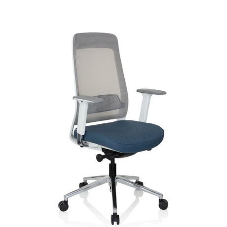 Profi-Bürostuhl CHIARO T2 WHITE mit grauem Netzrücken, blauer Sitzfläche und weißem Gestell von hjh OFFICE