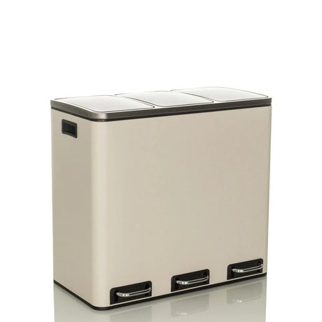 Beiger Mülleimer Clean 9 mit drei Fächern und silberfarbenen Trittpedalen von hjh OFFICE