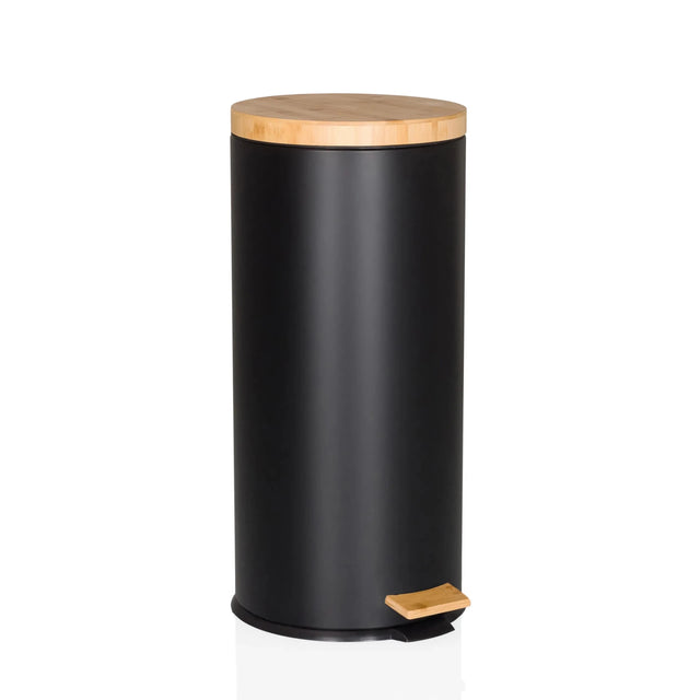 Mülleimer CLEAN BAMBOO in Schwarz matt mit Holzdeckel und Fußpedal von hjh OFFICE