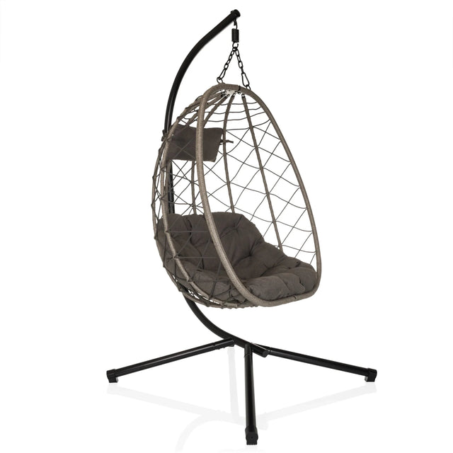 Hängesessel COCOVA mit grauem Polster, geflochtener Optik und schwarzem Gestell von hjh LIVING