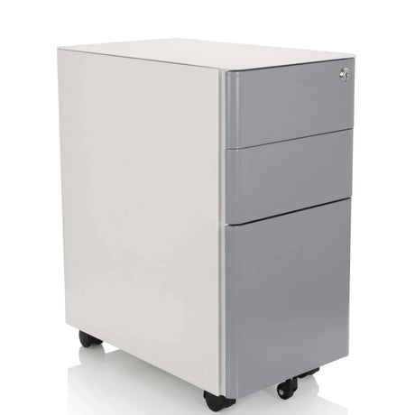Rollcontainer COLOR I aus weißem Metall mit drei grauen Schubladen und Rollen von hjh OFFICE