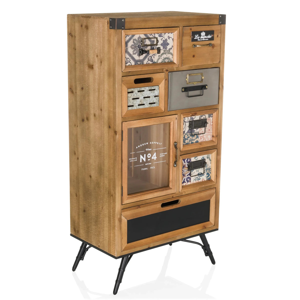 Holzfarbenes Sideboard CONTINENTO S im Vintage-Stil mit verschiedenen Schubladen und Glastür von hjh LIVING