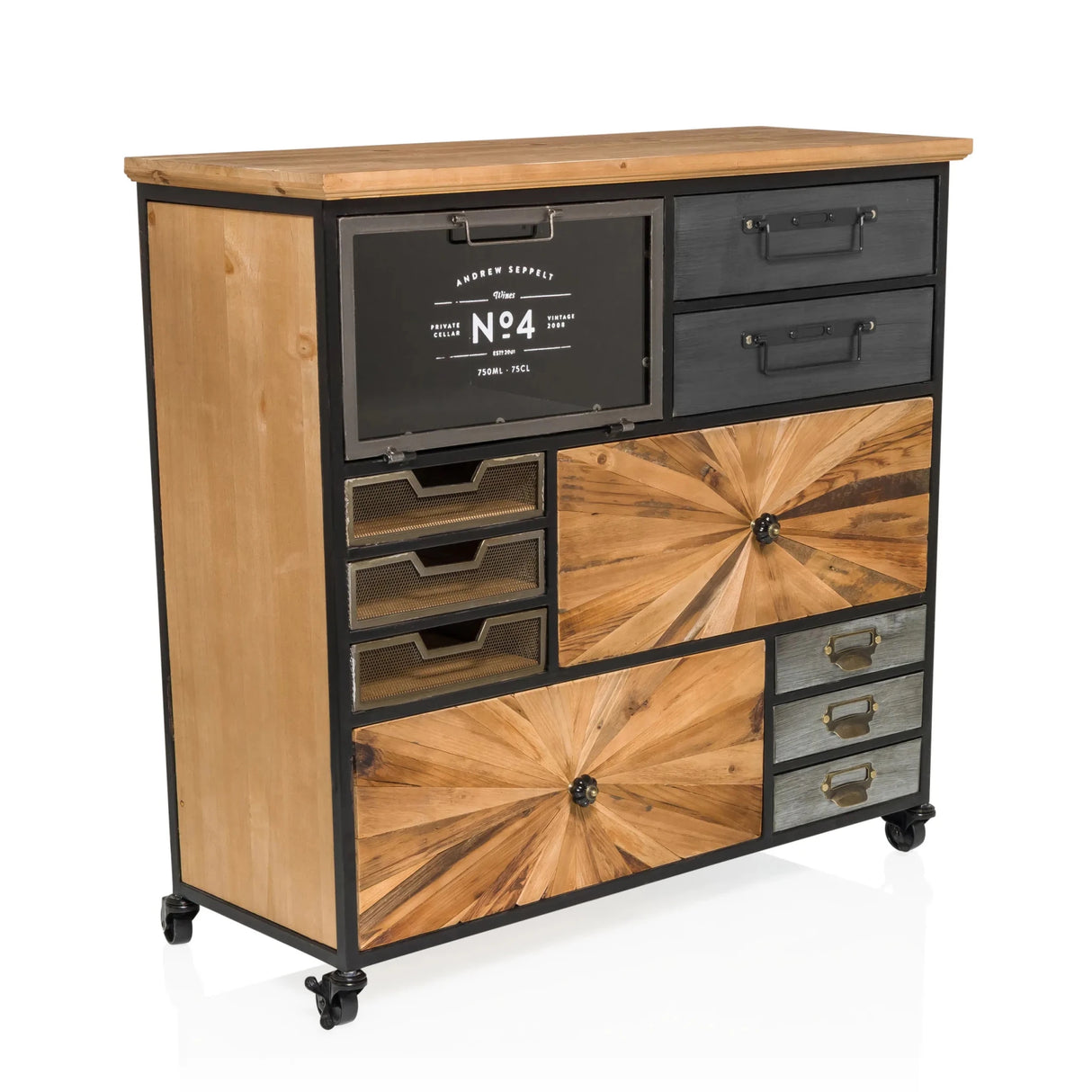 Sideboard CONTINENTO XL in dunklen Holzfarben mit schwarzen Metallakzenten und Rollen von hjh LIVING