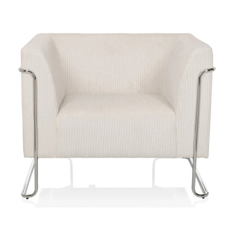 Weißer Loungesessel Curacao Cord mit geripptem Stoffbezug und silbernem Metallgestell von hjh LIVING