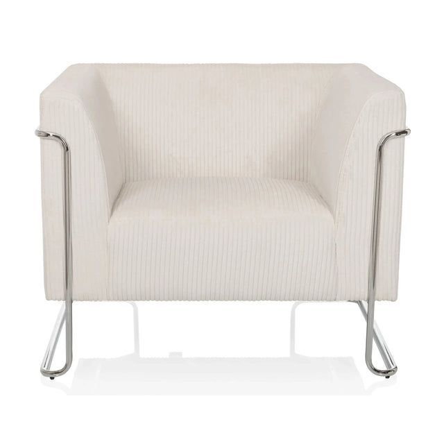 Weißer Loungesessel Curacao Cord mit geripptem Stoffbezug und silbernem Metallgestell von hjh LIVING