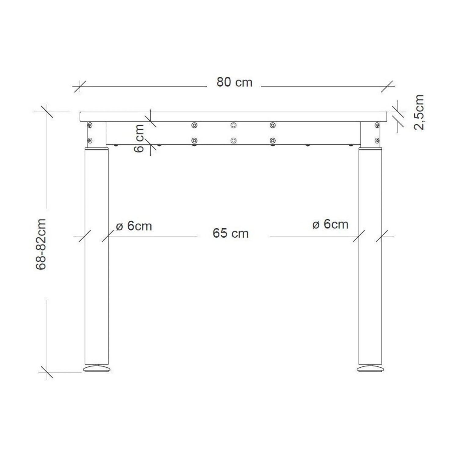 Maßzeichnung des Schreibtisches YAMA 8 S mit einer Breite von 80 cm und Höhe von 68-82 cm von hjh OFFICE PRO