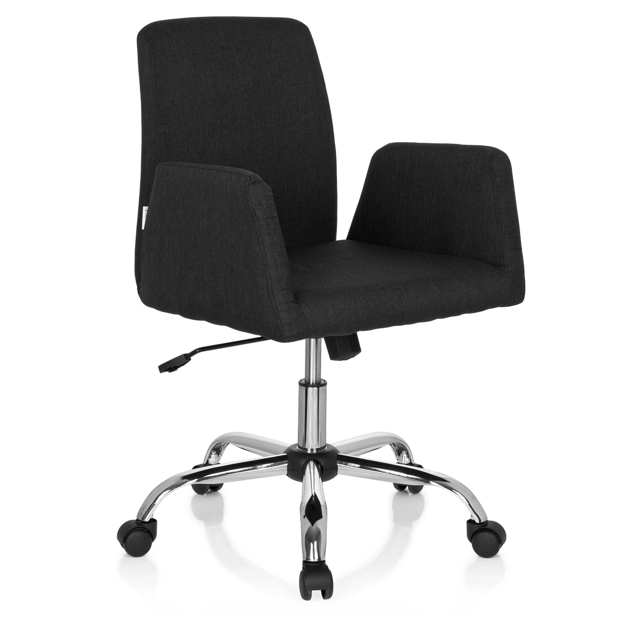 Schwarzer Homeoffice-Bürostuhl FLOW mit Armlehnen und glänzendem Fußkreuz mit fünf Rollen von hjh OFFICE – 360-Grad-Ansicht (schräge Frontansicht 40°)