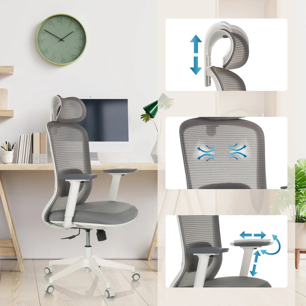 Profi-Bürostuhl MIKEO G in Grau mit verstellbarer Kopfstütze, Armlehnen und Netzrücken von hjh OFFICE