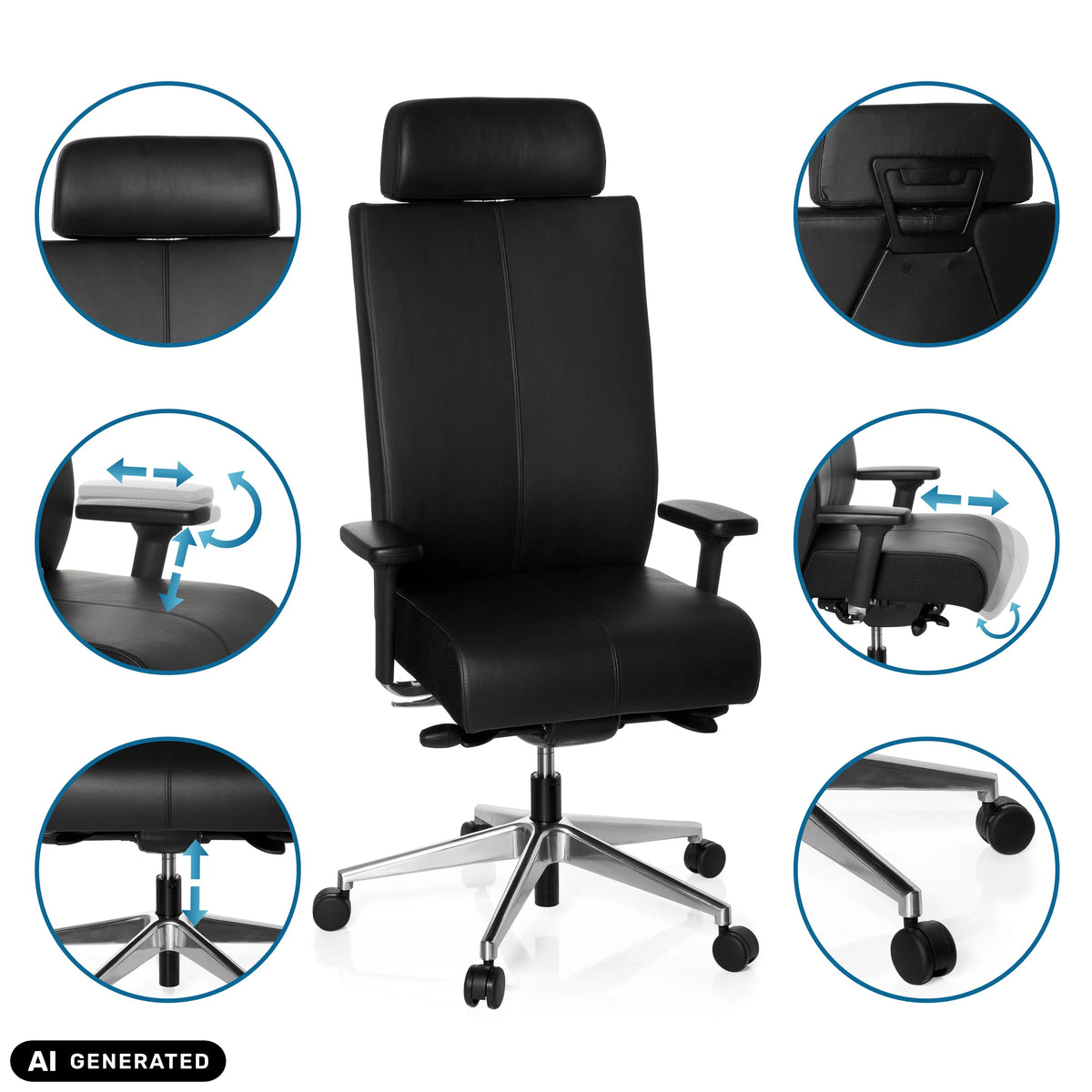 Verstellbare Funktionen des Profi-Bürostuhls PRO-TEC XXL in Schwarz von hjh OFFICE (KI-generiertes Bild)