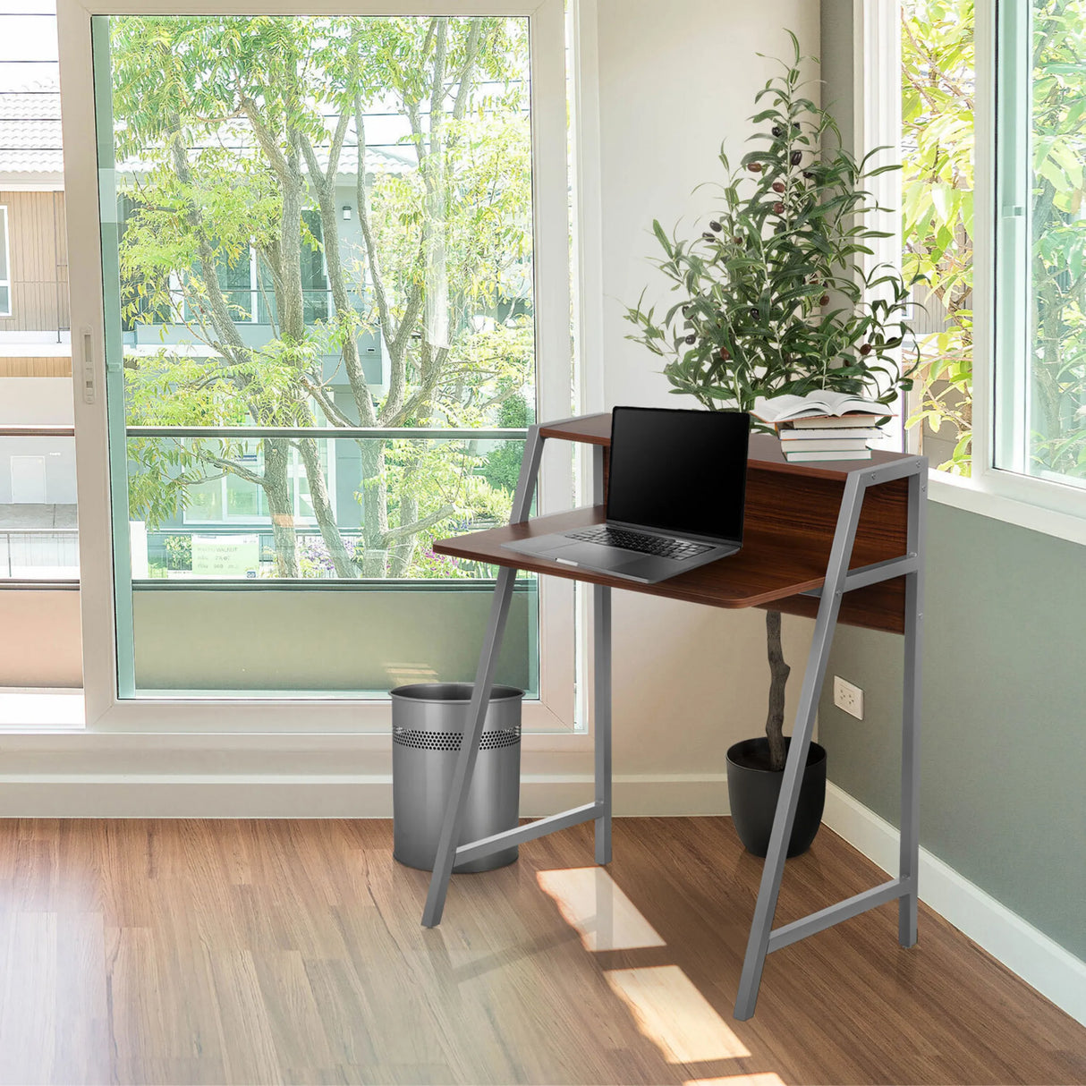 Schreibtisch DUMONT in Walnuss mit grauen Metallbeinen und Aufsatzregal von hjh OFFICE