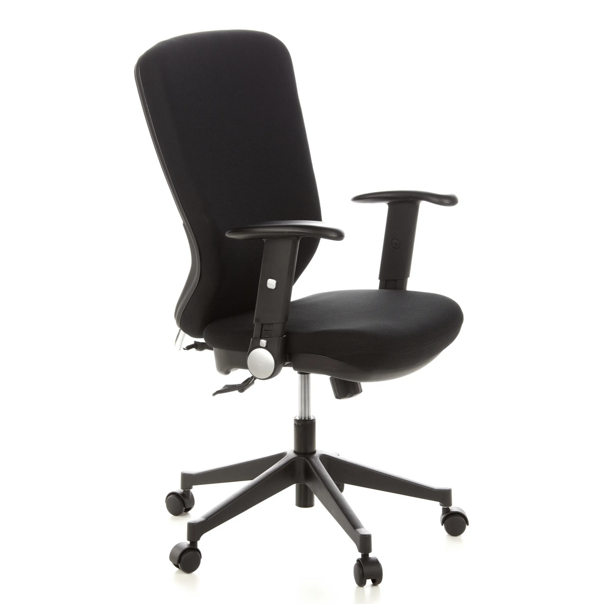 Schwarzer Profi-Bürostuhl TRAFFIC 30 mit Armlehnen und einem Fußkreuz mit fünf Rollen von hjh OFFICE – 360-Grad-Ansicht (schräge Frontansicht 60°)
