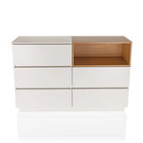 Weißes Sideboard MELMO S mit Eichenholz-Akzent und fünf Schubladen von hjh LIVING – 360-Grad-Ansicht (Frontansicht 0°)