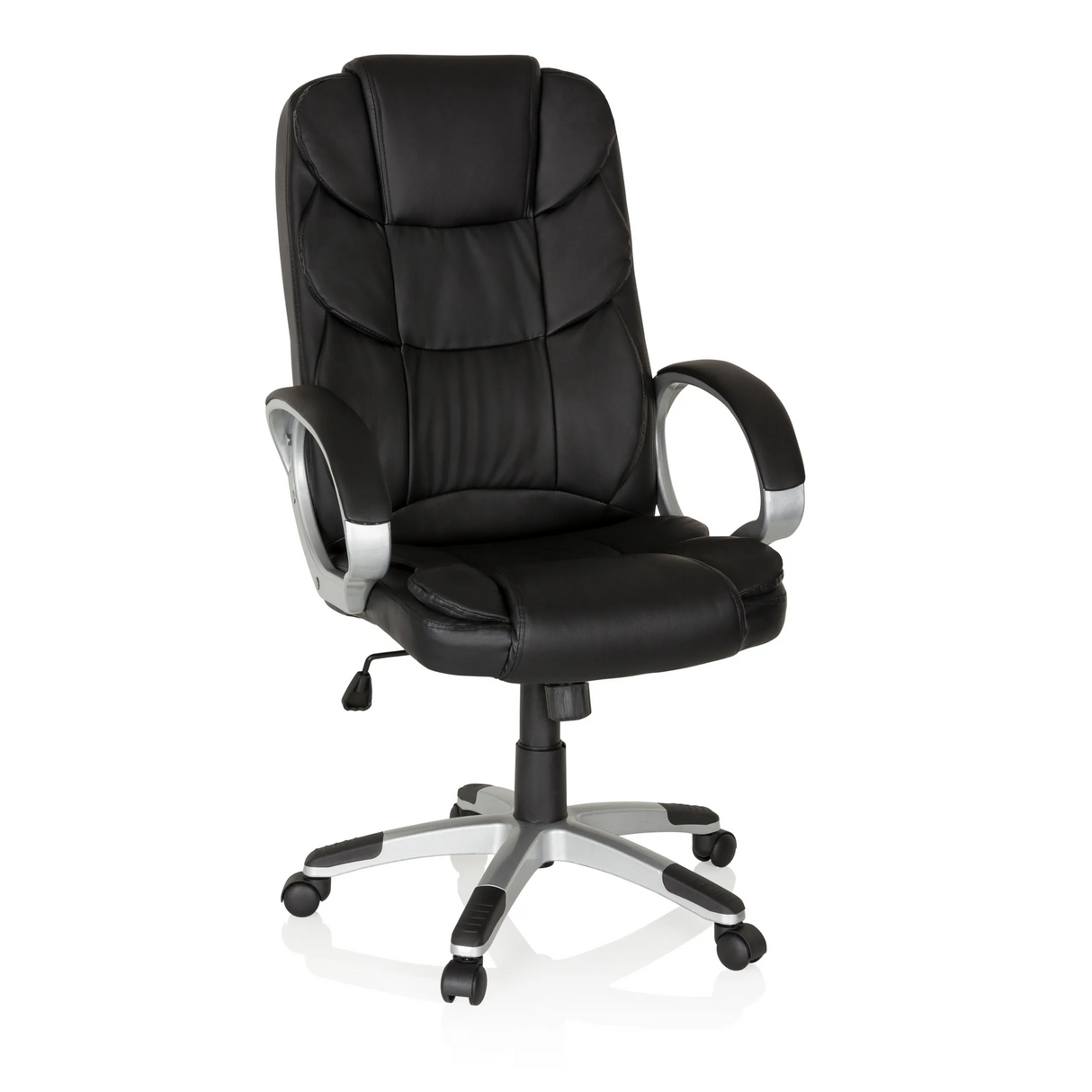 Schwarzer Homeoffice Chefsessel RELAX BY155 mit Armlehnen und Fußkreuz mit fünf Rollen von MyBuero – 360-Grad-Ansicht (Frontansicht 20°)