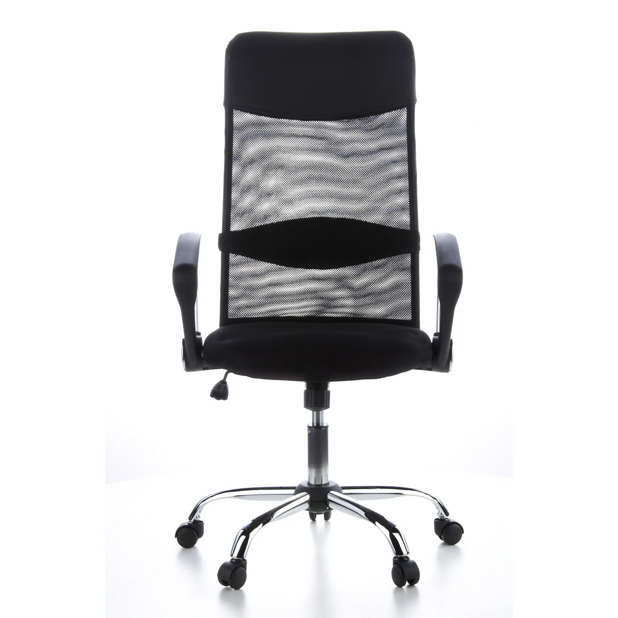 Schwarzer Homeoffice Chefsessel ARIA HIGH mit Netzrücken und Fußkreuz mit fünf Rollen von hjh OFFICE – 360-Grad-Ansicht (Frontansicht 0°)