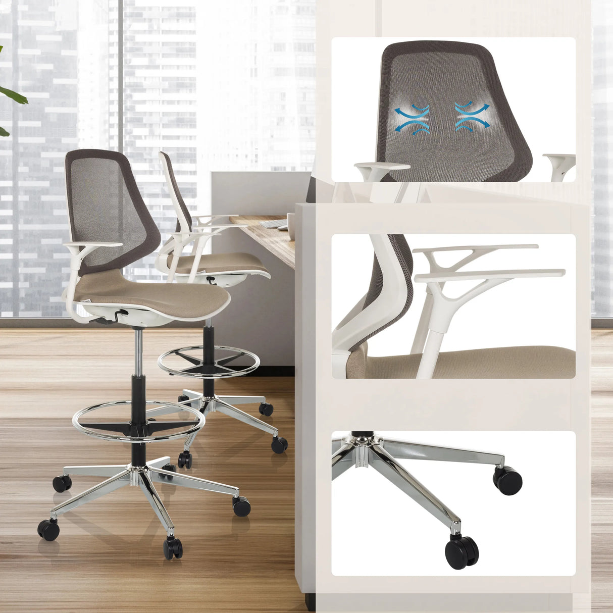 Counterstuhl TOP WORK STYLE in Beige mit Netzrücken, Fußring und verchromtem Fußkreuz auf Rollen von hjh OFFICE