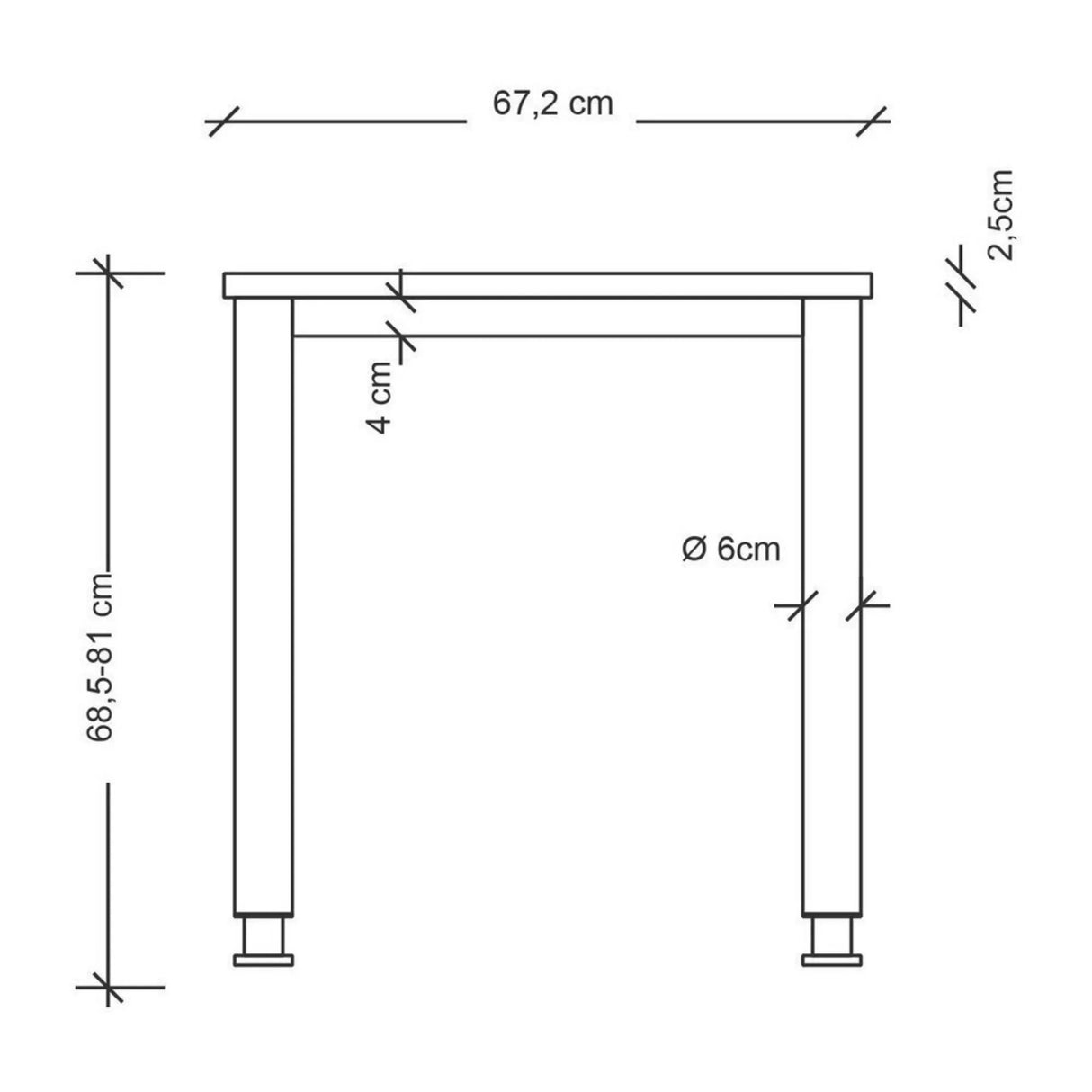 Maßzeichnung des Schreibtischs HILO 614 S mit einer Breite von 67,2 cm und Höhe von 68,5-81 cm von hjh OFFICE PRO