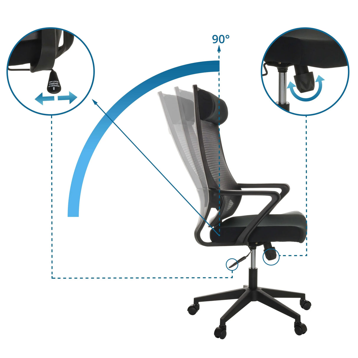 Verstellbare Rückenlehne und Mechanismus des Homeoffice-Bürostuhls NEKEO mit 90° Neigungswinkel von hjh OFFICE