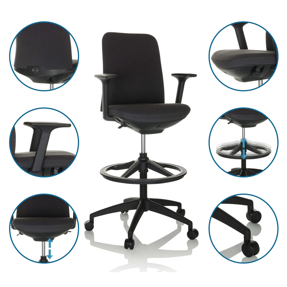 Schwarzer Counterstuhl NESTORA WORK mit Fußring, Armlehnen und Rollen von hjh OFFICE