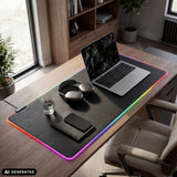 Schreibunterlage Padflux Game in Schwarz mit farbigem RGB-Leuchtstreifen am Rand von hjh OFFICE (KI-generiertes Bild)
