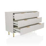 Weißes Sideboard HJELLE mit drei geöffneten Schubladen und goldfarbenen Füßen von hjh LIVING