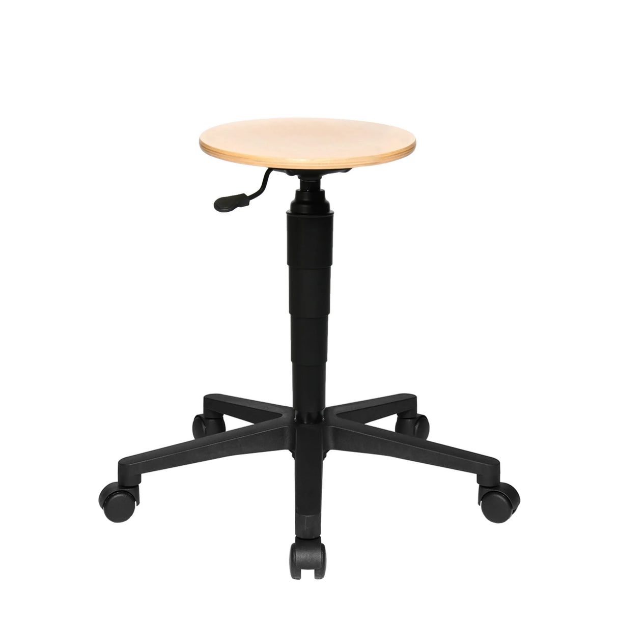 Drehhocker Tec 60 mit runder Sitzfläche aus Buche, schwarzem Gestell und Rollen von Topstar