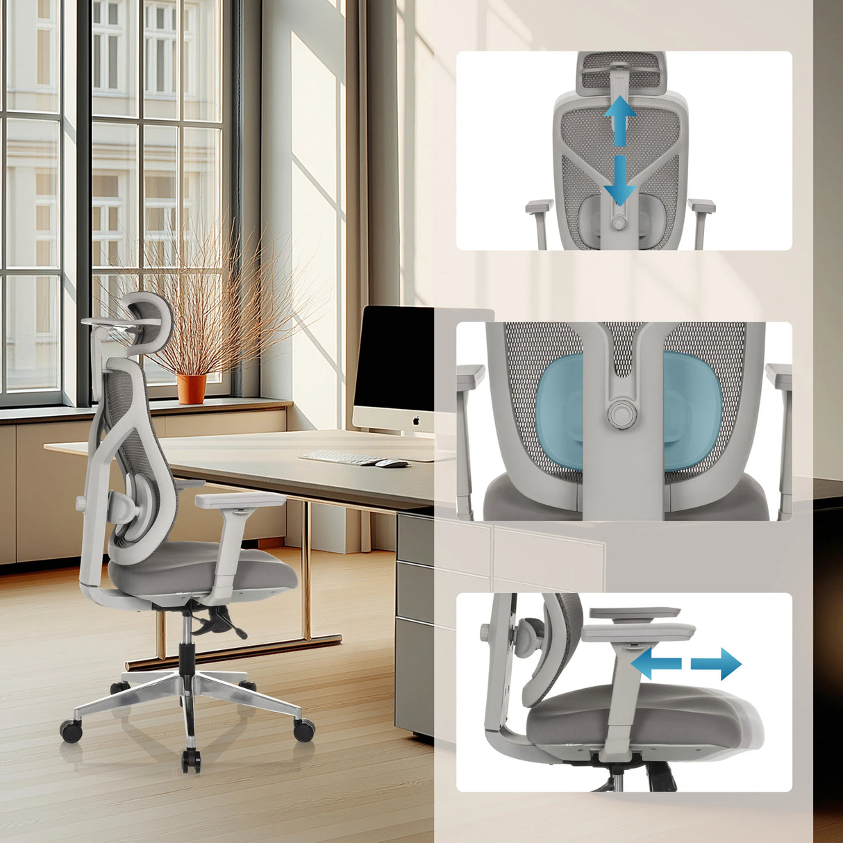 Verstellbare Kopfstütze und Armlehnen des High-End-Bürostuhls CASSILIS W von hjh OFFICE